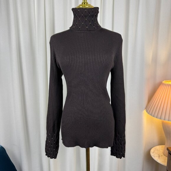 SPORTMAX by MaxMara 100% Wool Ribbed Turtleneck Lattice-Smocked Sweater sz XL - Picture 2 of 9